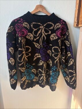 Floral Bow Knit Sweater - Black with Multicolor Roses